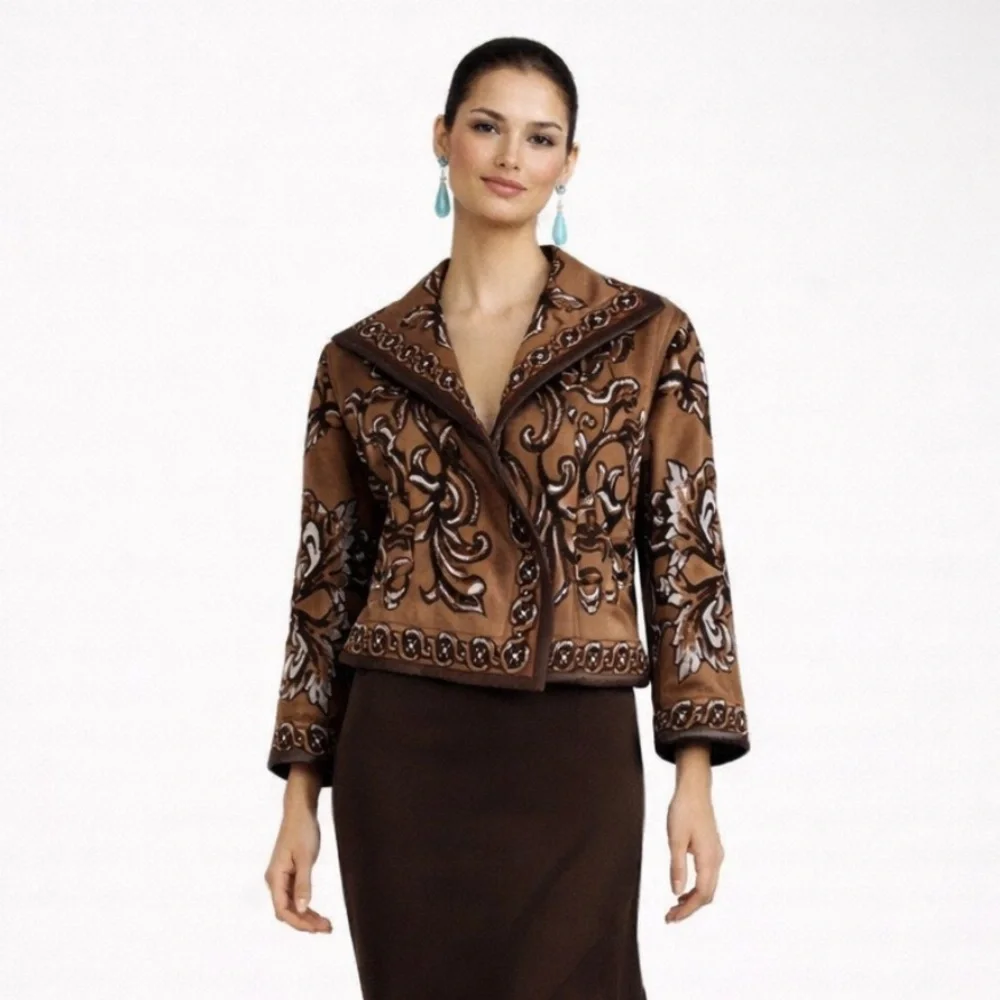 St. John Brown jacket Blazer with Intricate Pattern and Black Trim